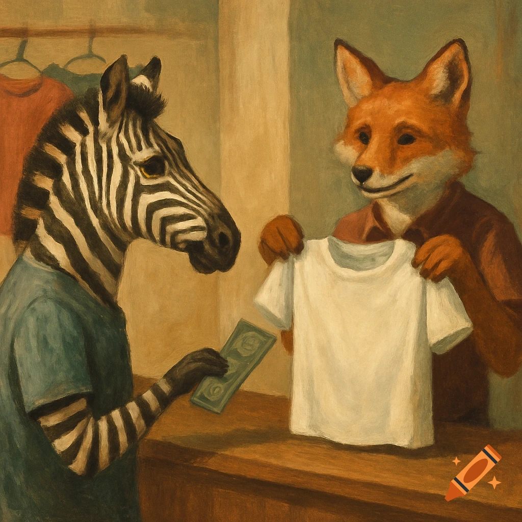 Anthropomorphic zebra buying a t-shirt from a fox in a store, painted style.