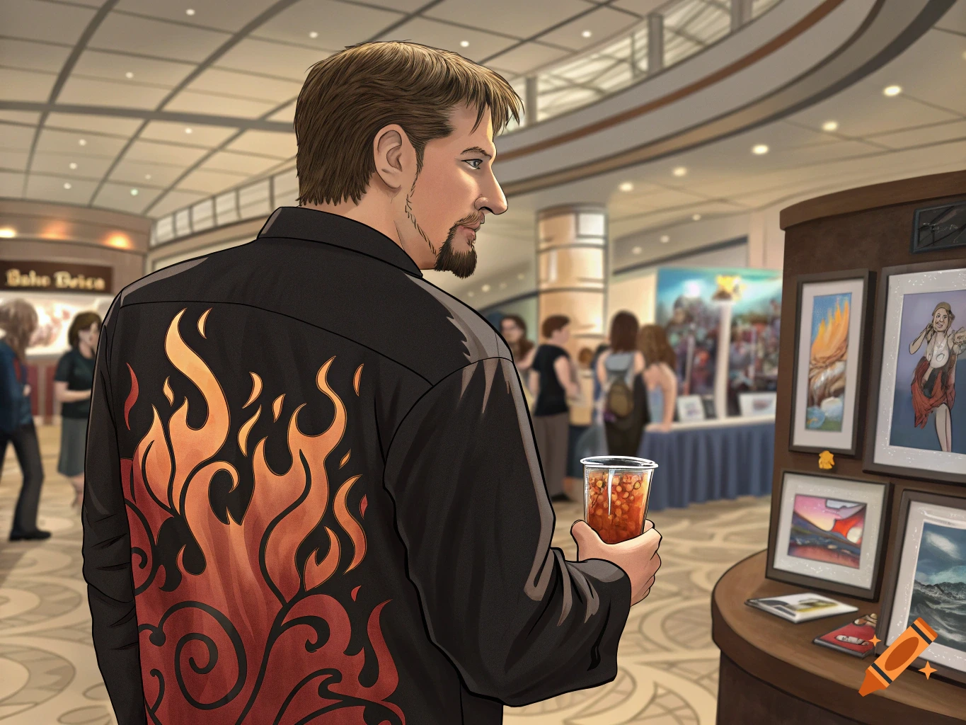 Illustration of a man holding a drink, looking at art at a convention.