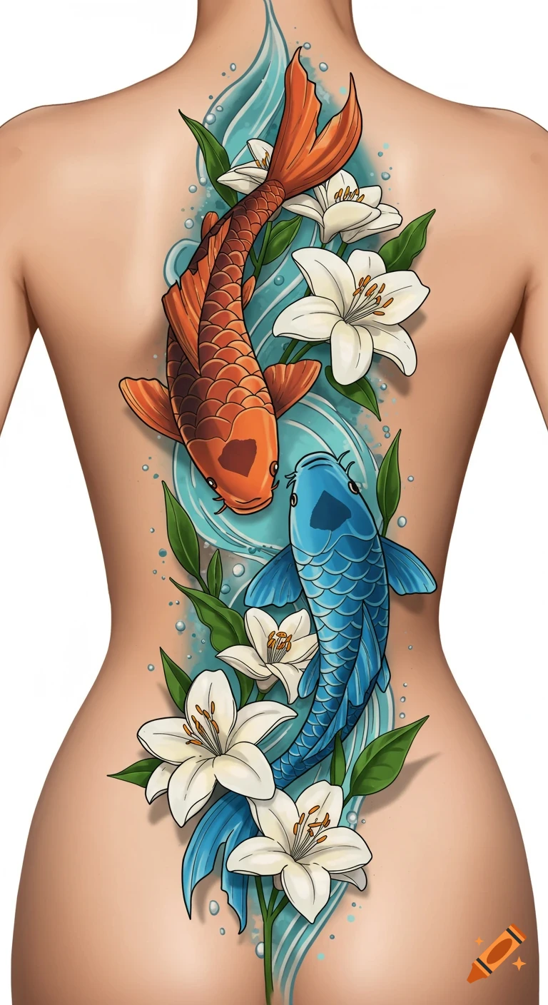Cartoon tattoo of orange and blue koi fish with white lilies on a person's back.