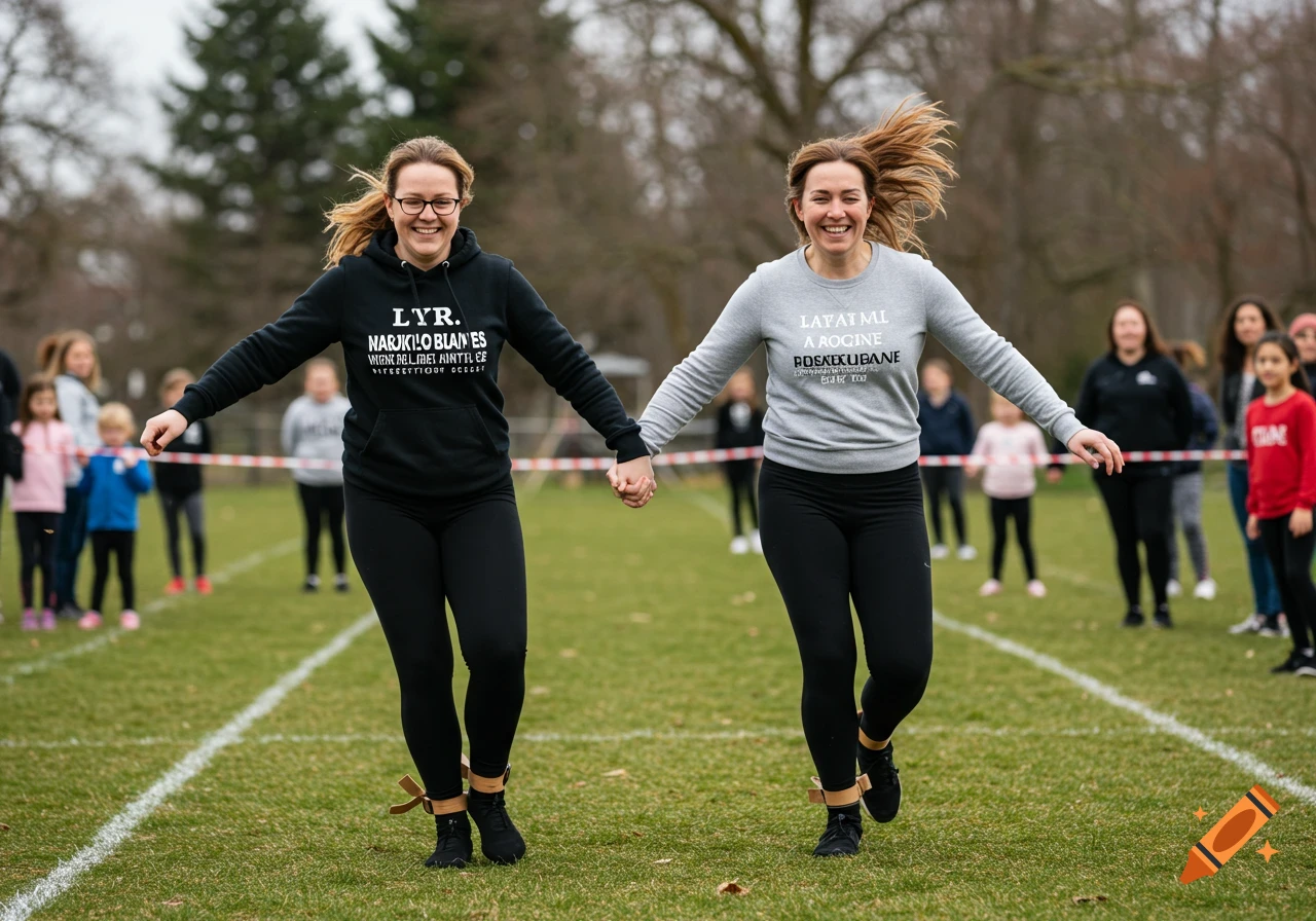 Two women in black tights and sweaters run a three-legged race on a grassy field with spectators in the background.