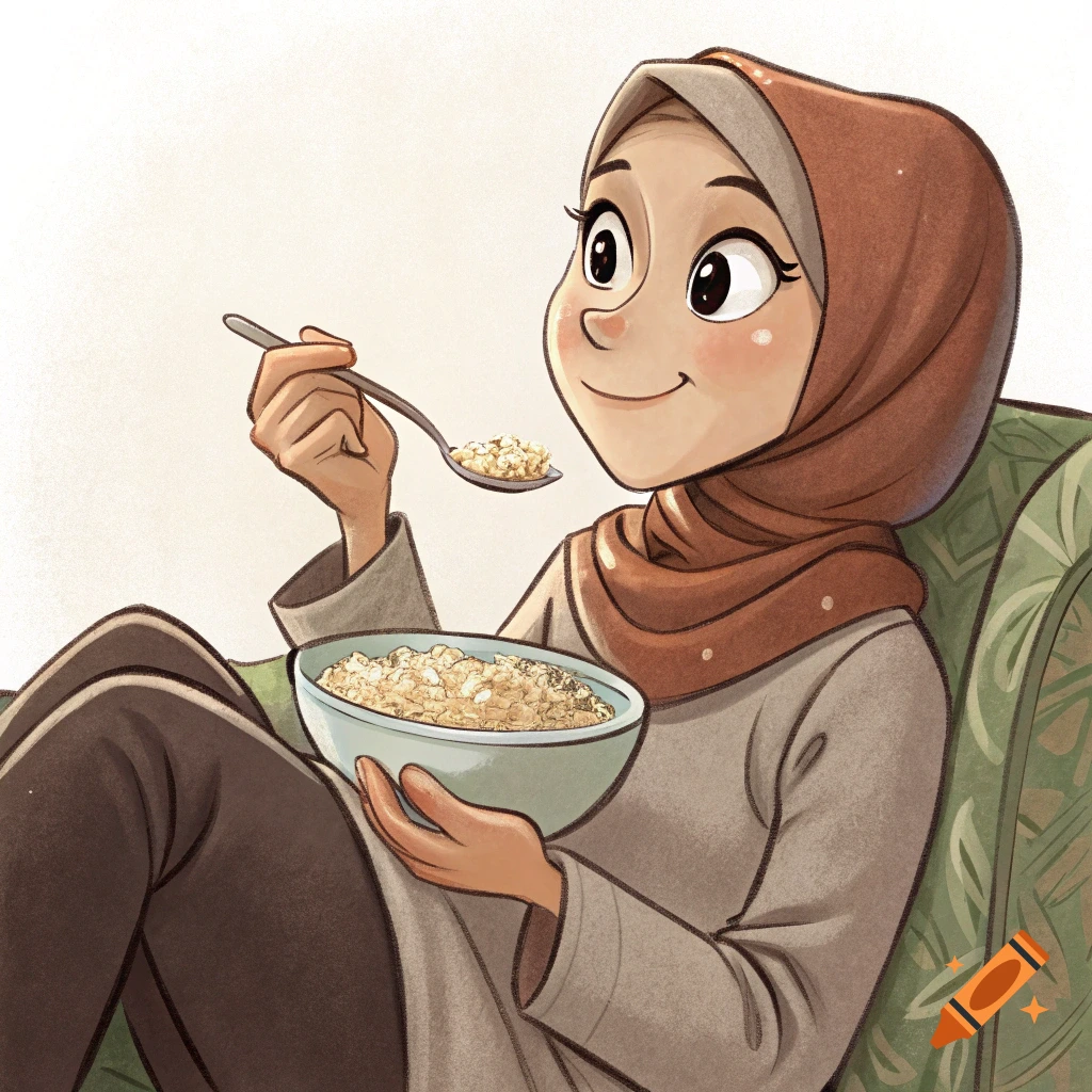Stylized illustration of a woman in a hijab eating a bowl of cereal while sitting in a chair.
