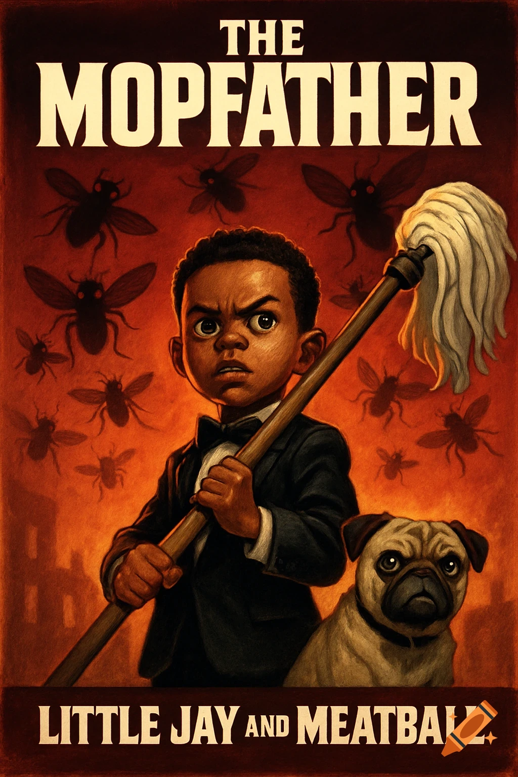 Cartoon movie poster parody showing a boy holding a mop like a sword, a pug dog, and shadowy flies.