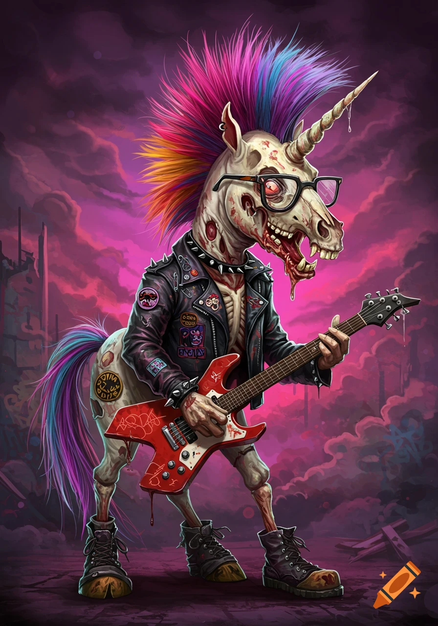 Zombie punk rock unicorn with a mohawk and glasses playing a red electric guitar.