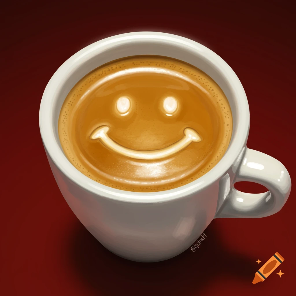 Digital painting of a cup of coffee with a smiley face in the latte art.