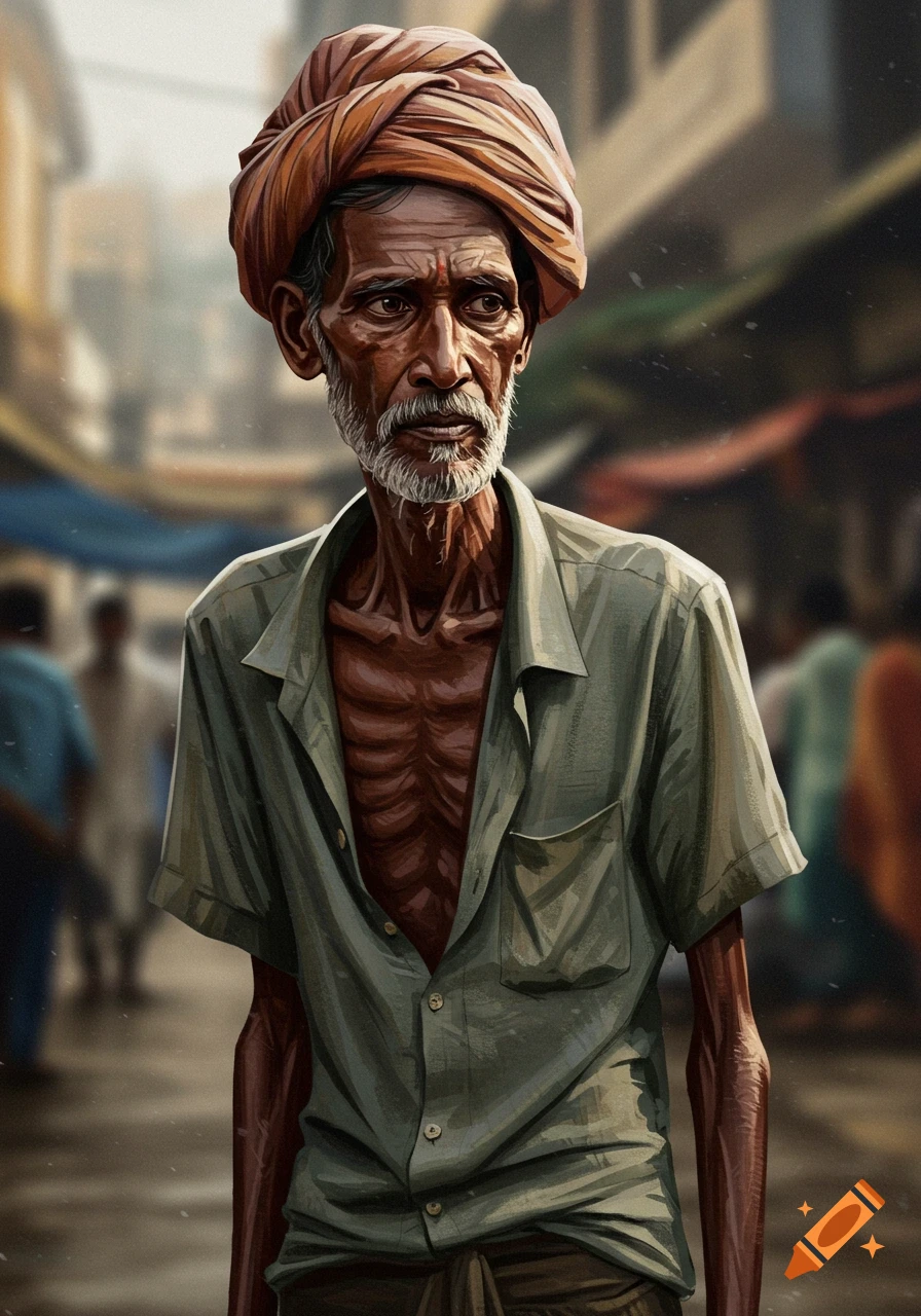 Digital painting of a thin elderly Indian man in a turban and shirt standing in a street.