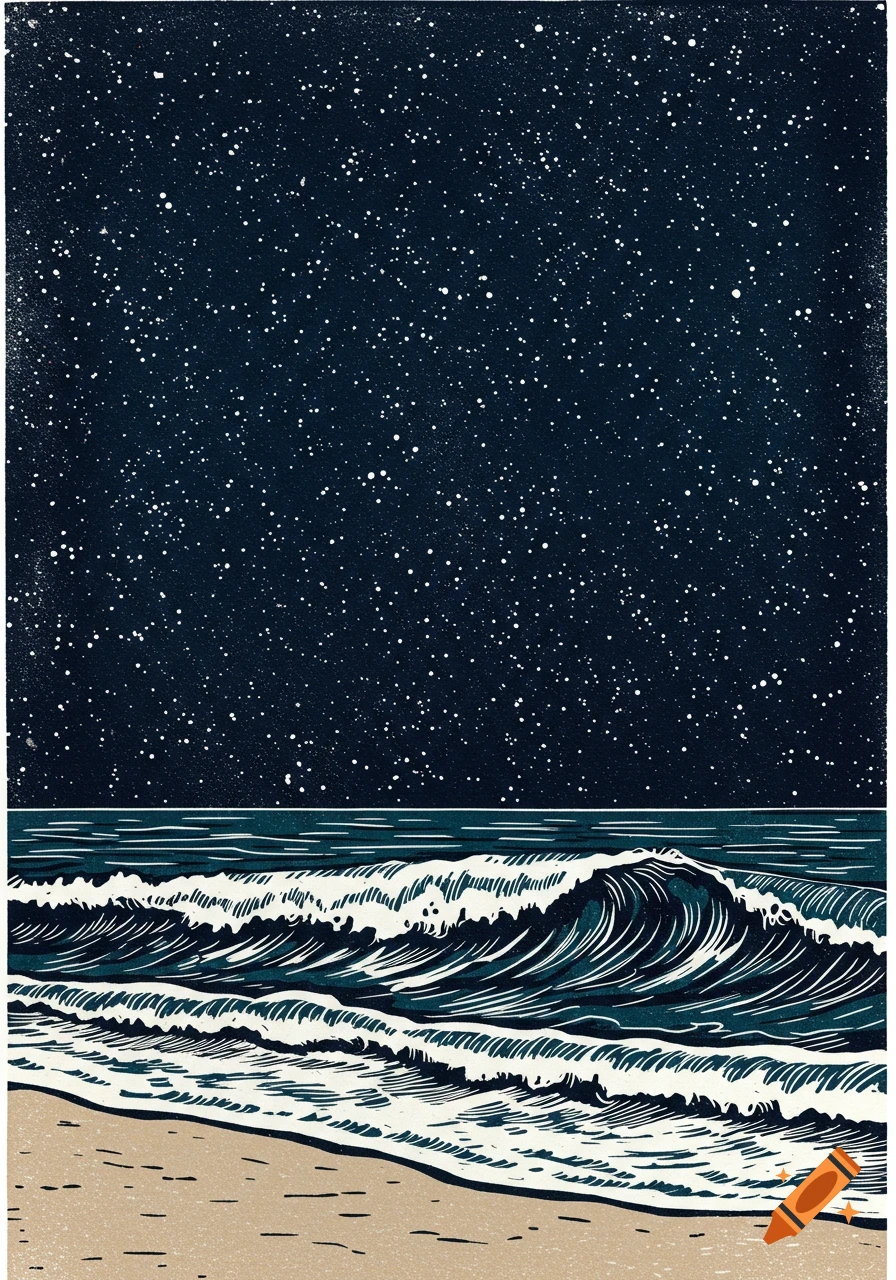 Linocut illustration of waves on a beach at night under a starry sky.