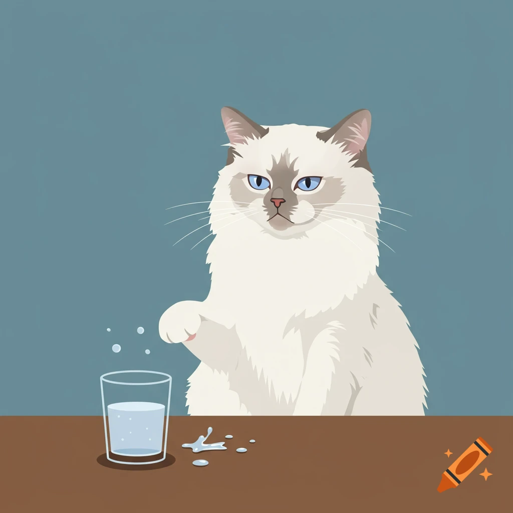 Minimalist flat vector art of a white ragdoll cat about to knock over a glass of water.