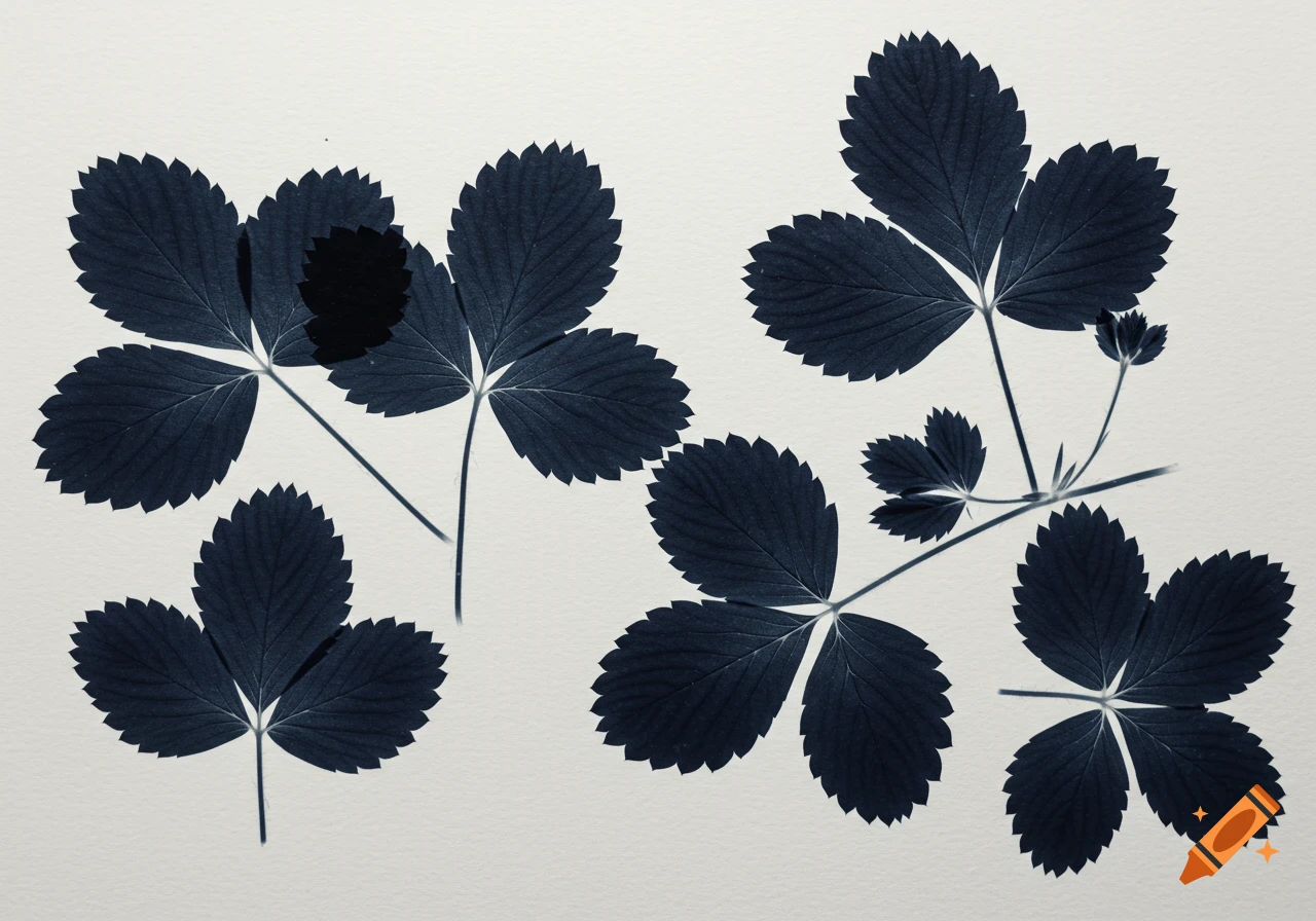 Dark blue silhouettes of strawberry leaves on a light background.