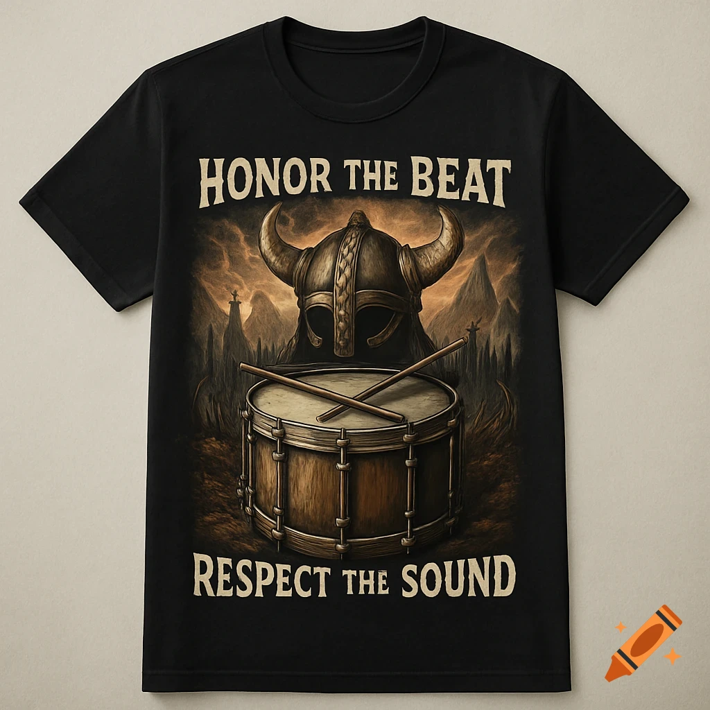 Black t-shirt design with Viking helmet, snare drum, drumsticks, and the text HONOR THE BEAT, RESPECT THE SOUND over a dark landscape.