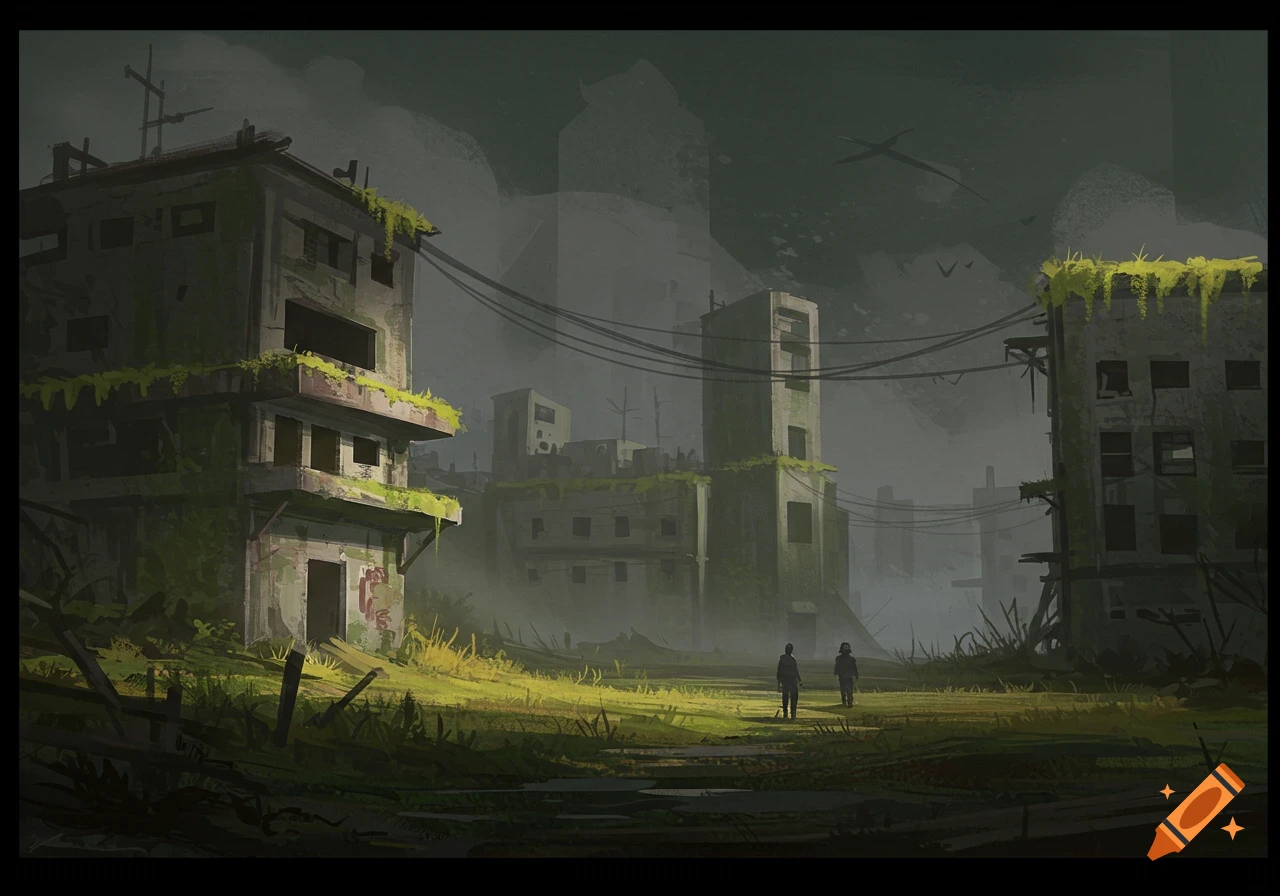 Two figures walk through overgrown ruins of buildings under a dark sky, digital painting.