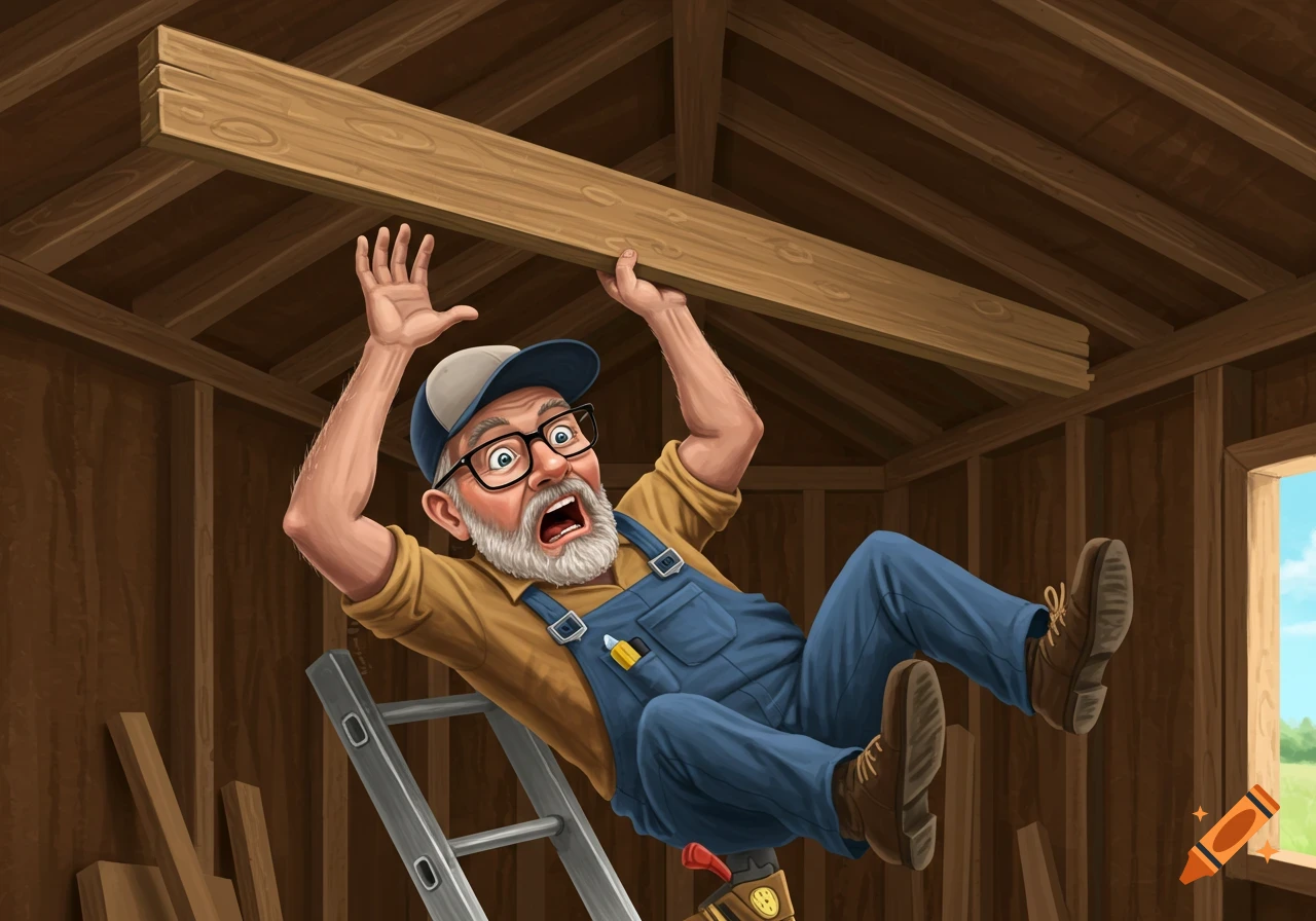 Illustration of a man falling backward off a ladder inside a shed while holding a wooden beam.