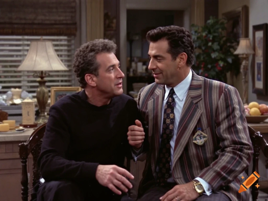 Two men talk in an indoor room. One wears a black shirt, the other a striped suit.
