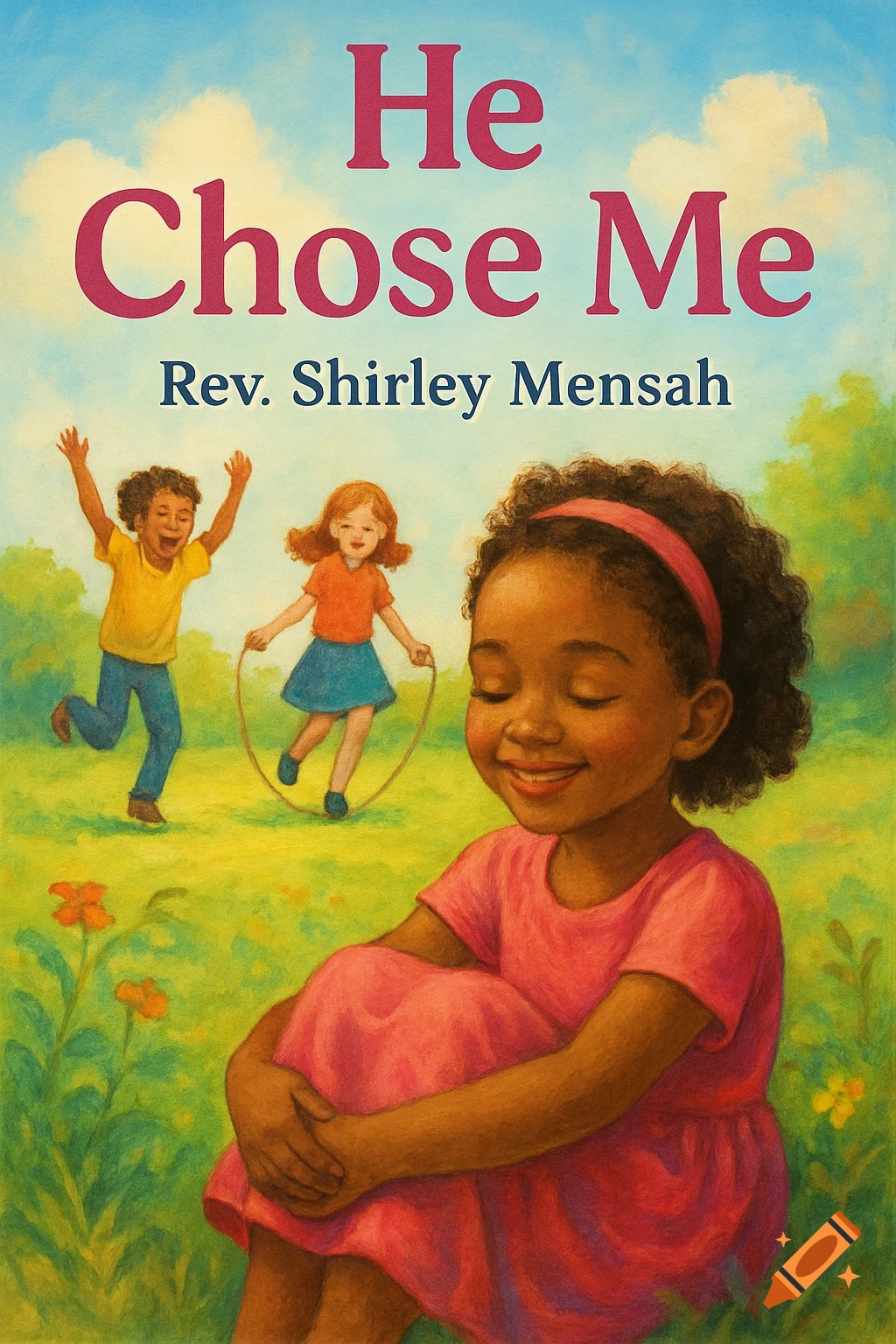A children's book cover illustration with the title "He Chose Me". A girl in a pink dress sits smiling, eyes closed, while two children jump rope in the background.