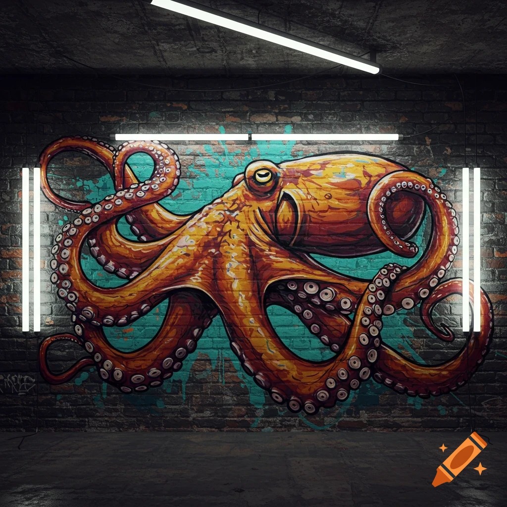 Graffiti art of an octopus on a brick wall under fluorescent lights.