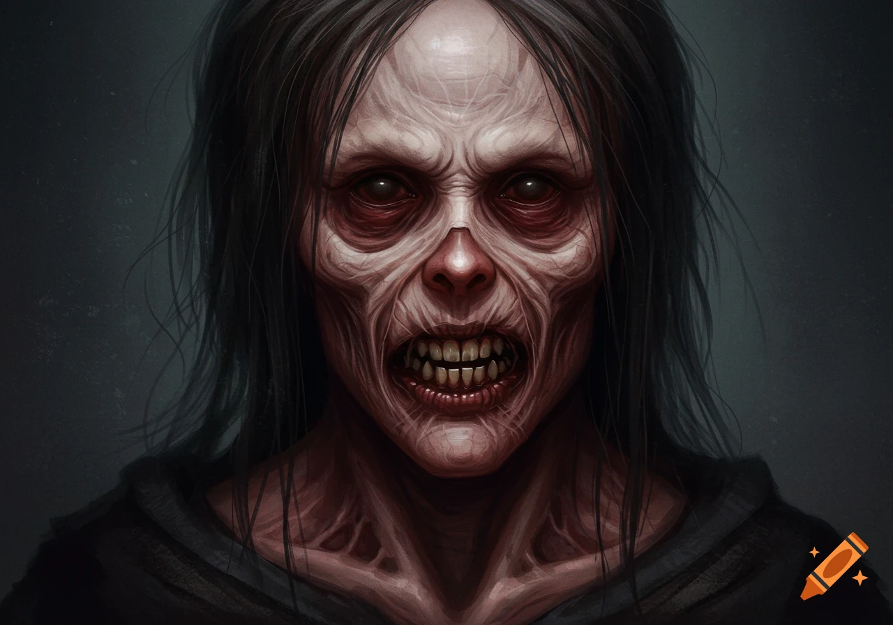 Close-up portrait of a scary, zombie-like figure with pale skin and red eyes.