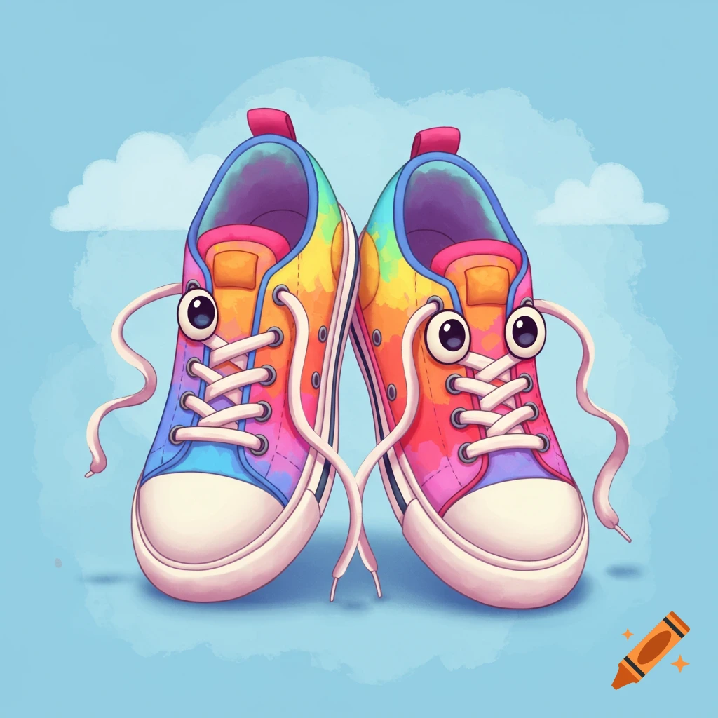 Cartoon illustration of two colorful sneakers with googly eyes and arm-like laces