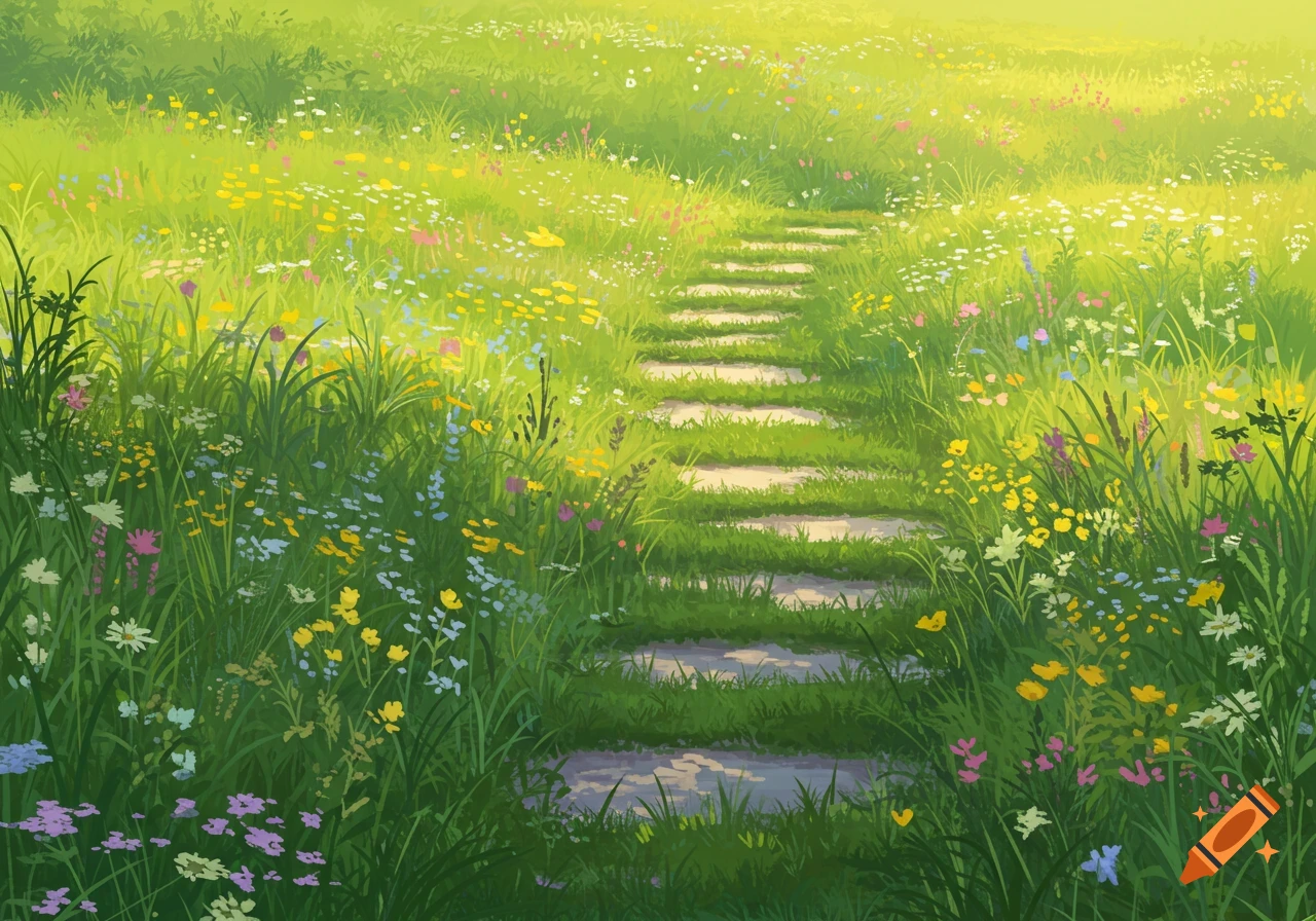 Stone path winds through a lush green meadow filled with colorful wildflowers, digital painting.