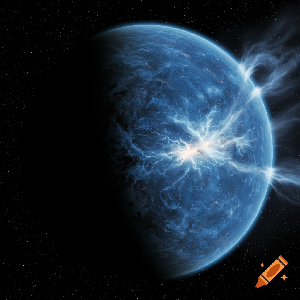 A blue planet or star with turbulent surface and gas plumes in dark space.