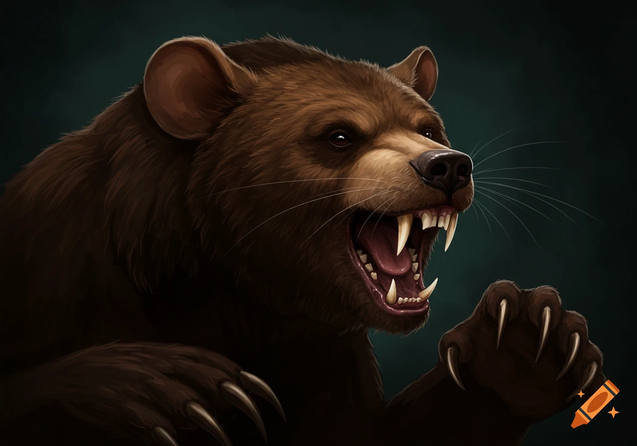 Close-up digital illustration of a roaring bear's head with fangs.