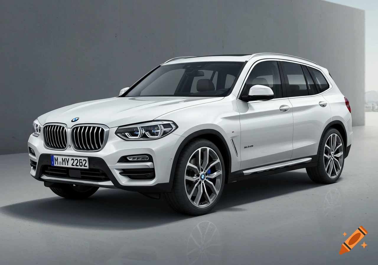 A white BMW X3 SUV is parked in a minimalist studio setting.
