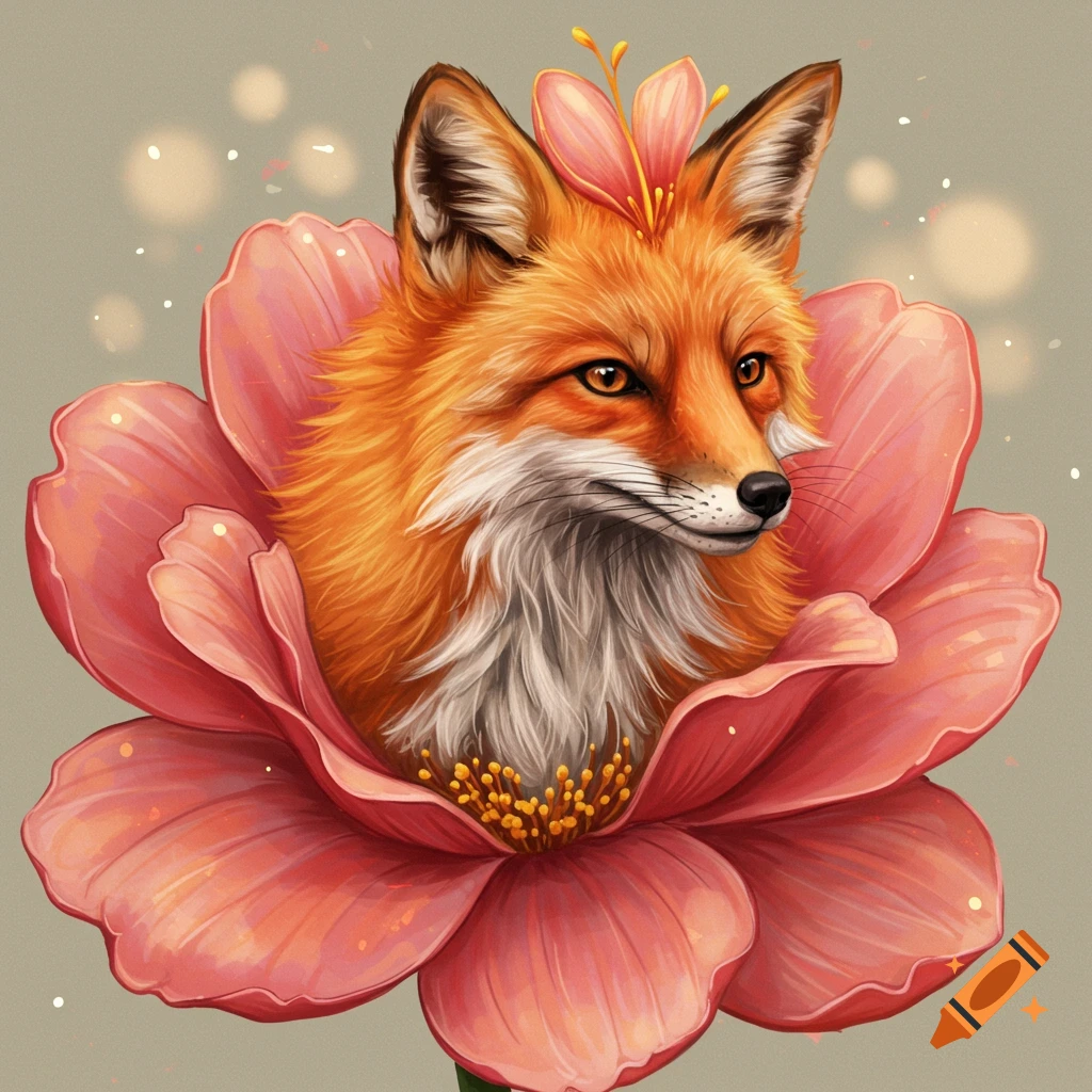 An illustrated portrait of a fox emerging from a large pink flower, with a smaller flower on its head.