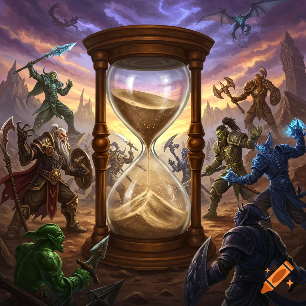 Fantasy creatures battle around a giant hourglass in a stylized epic scene.