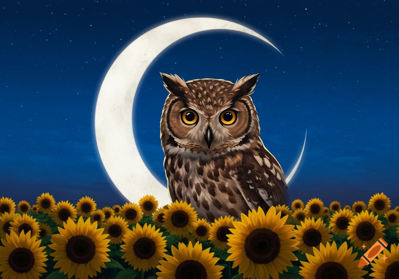 An owl stands in a field of sunflowers under a crescent moon at night.