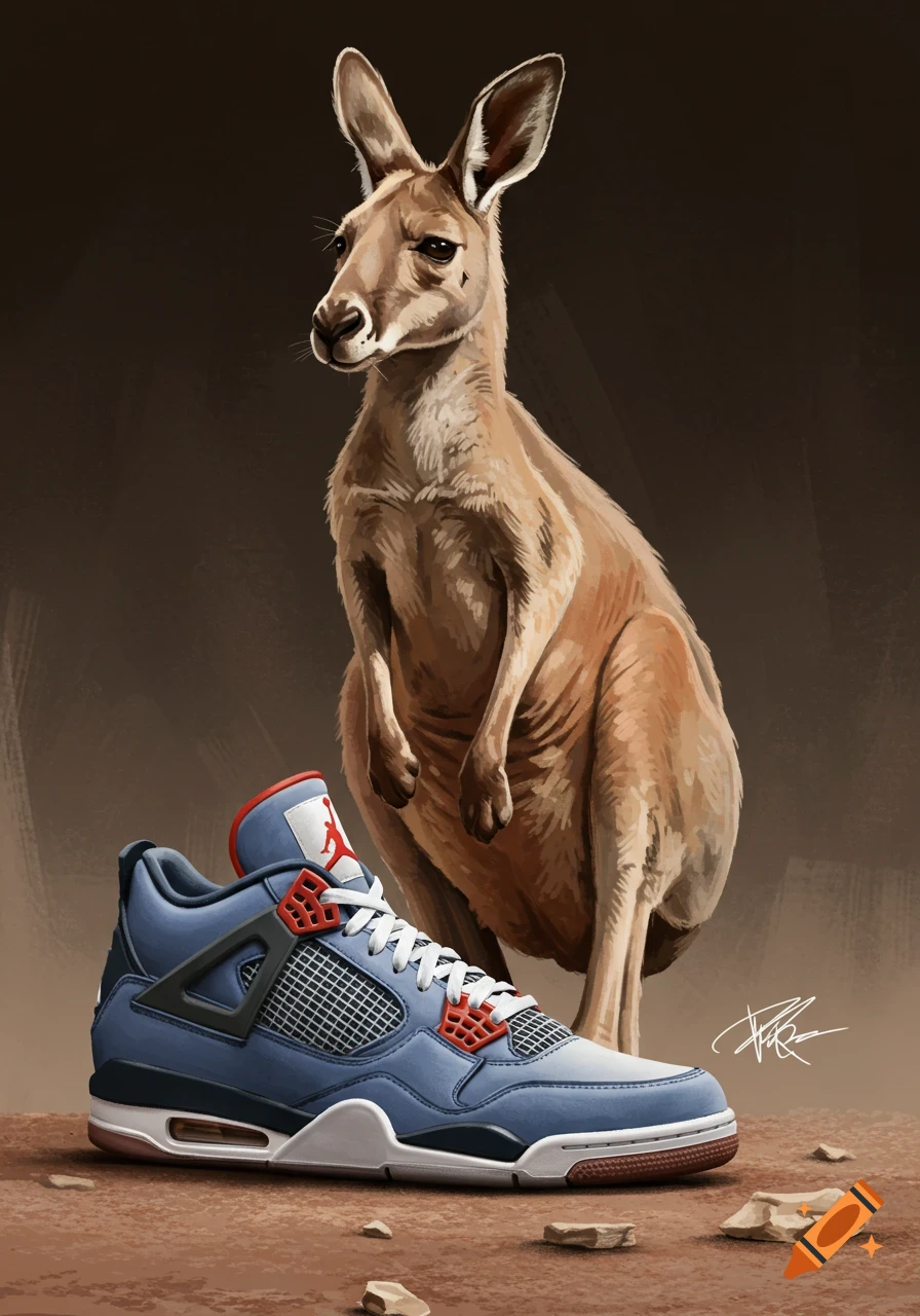 Illustration of a kangaroo standing next to a pair of Jordan 4 sneakers.
