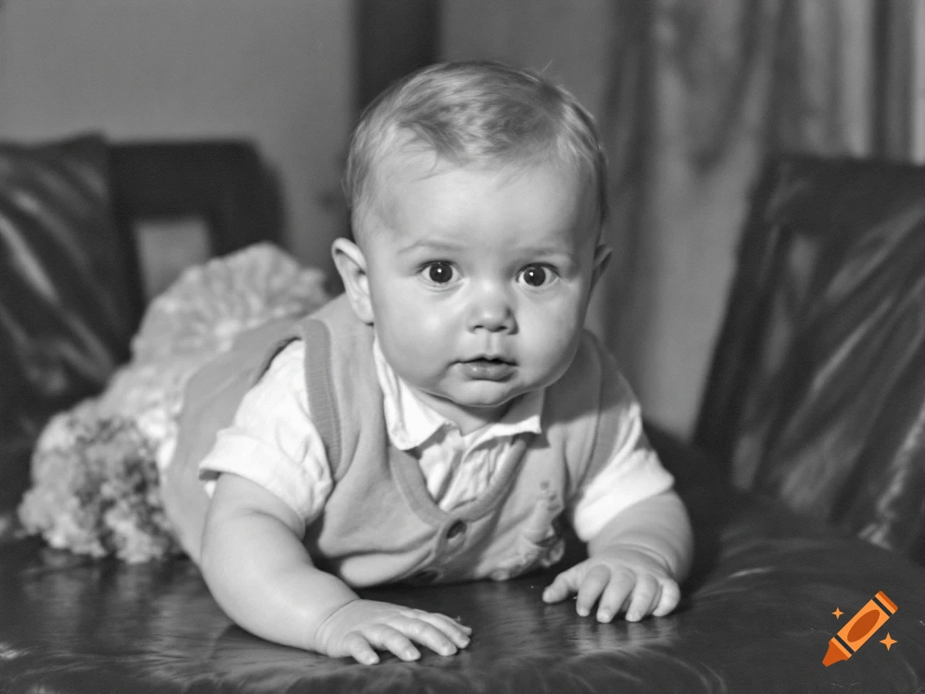 Black and white vintage portrait of a baby lying on its stomach looking forward.