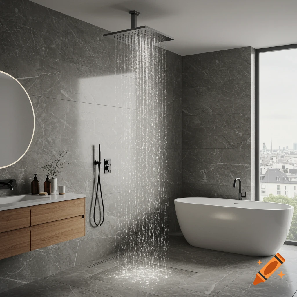 Modern luxury bathroom with rain shower, bathtub, and large window view.