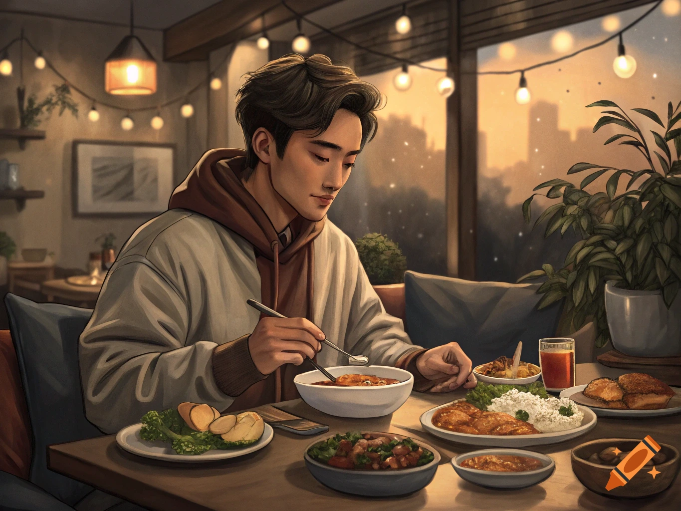 Illustrative image of a man eating a meal at a table indoors, with various dishes and a view of a city at sunset.