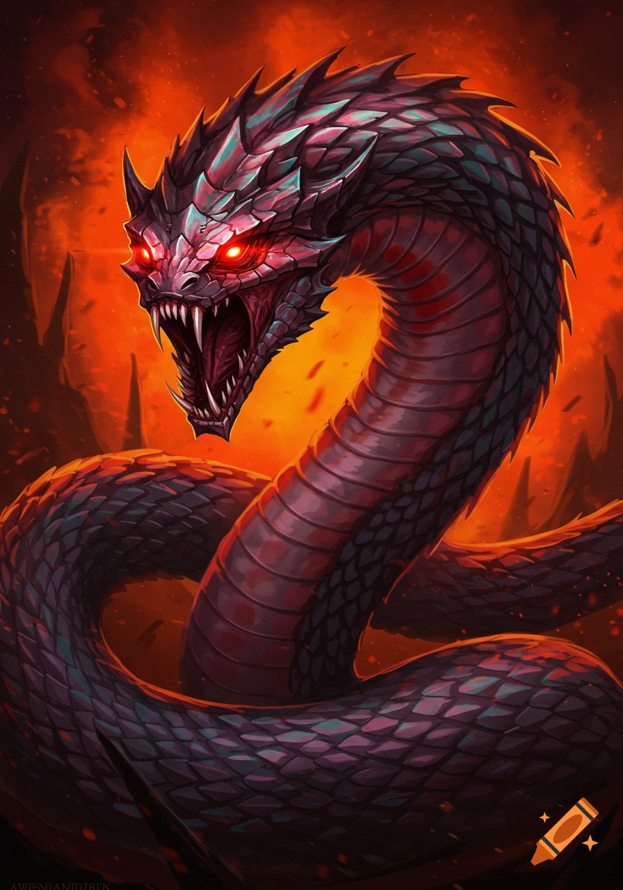 Illustration of a fierce dark snake with glowing red eyes and fangs against a fiery background.