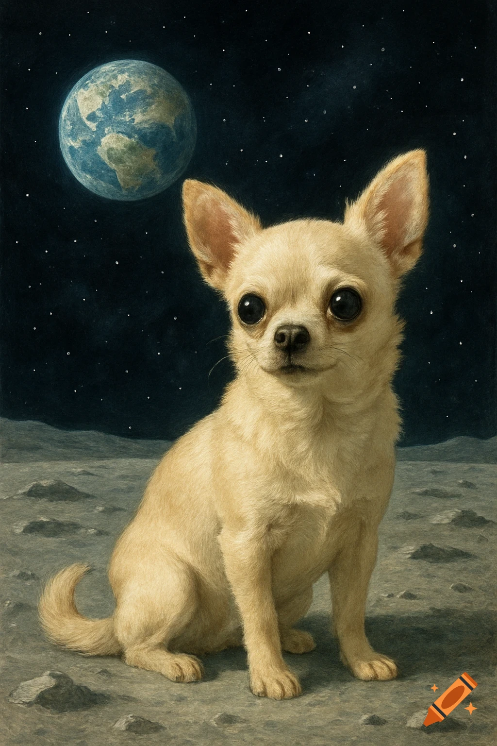 A chihuahua sits on the moon's surface with Earth in the background in a painted style.