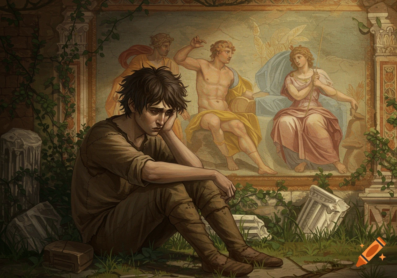 A figure sits sadly in front of a classical fresco among ruins.
