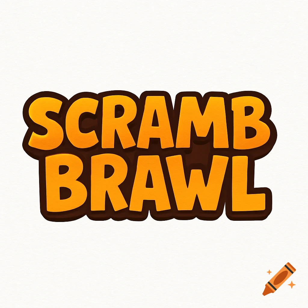 Stylized orange and brown text spells SCRAMBRAWL on a white background.
