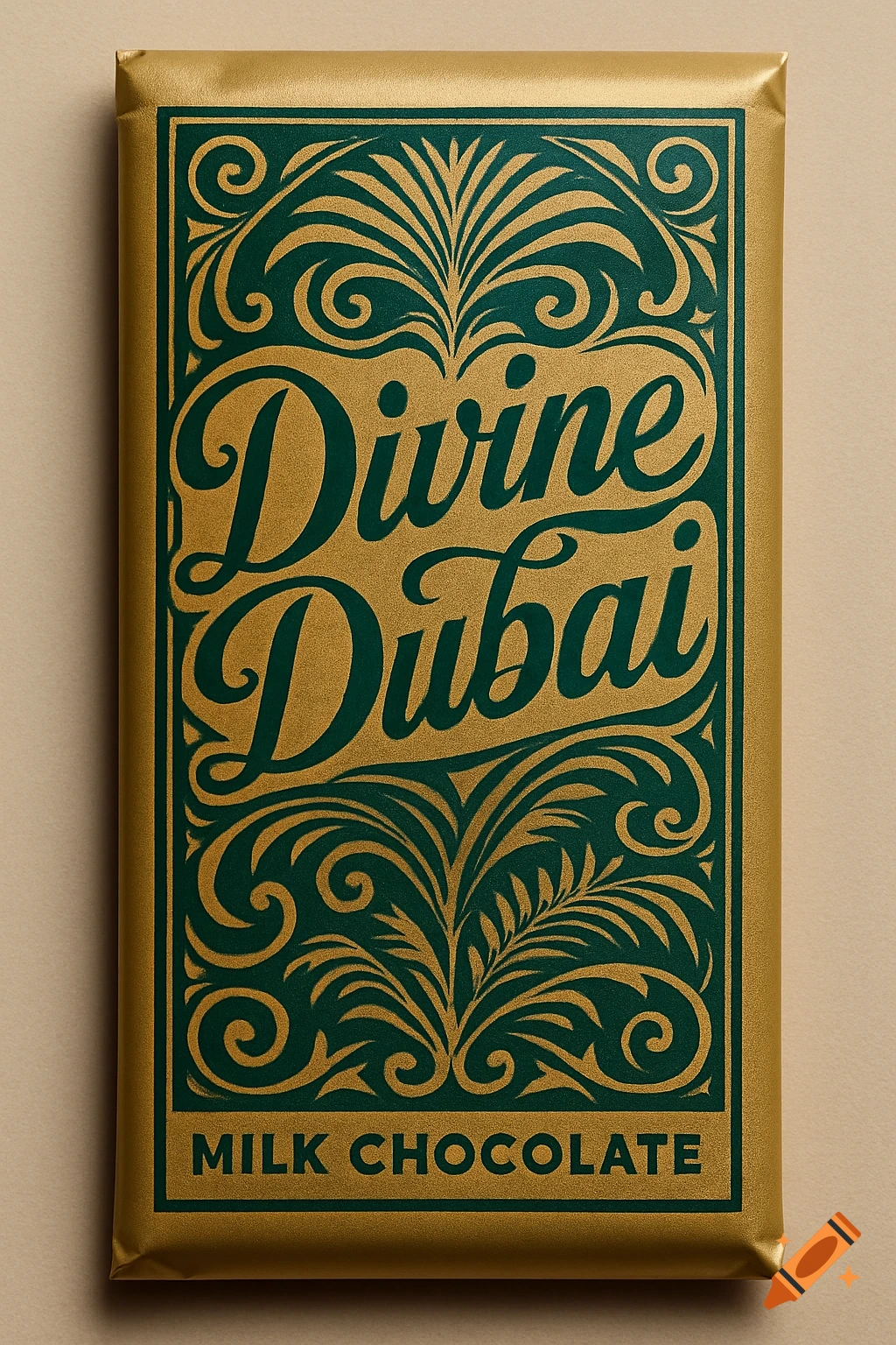Close-up of gold and green chocolate bar wrapper with ornate design and 'Divine Dubai'