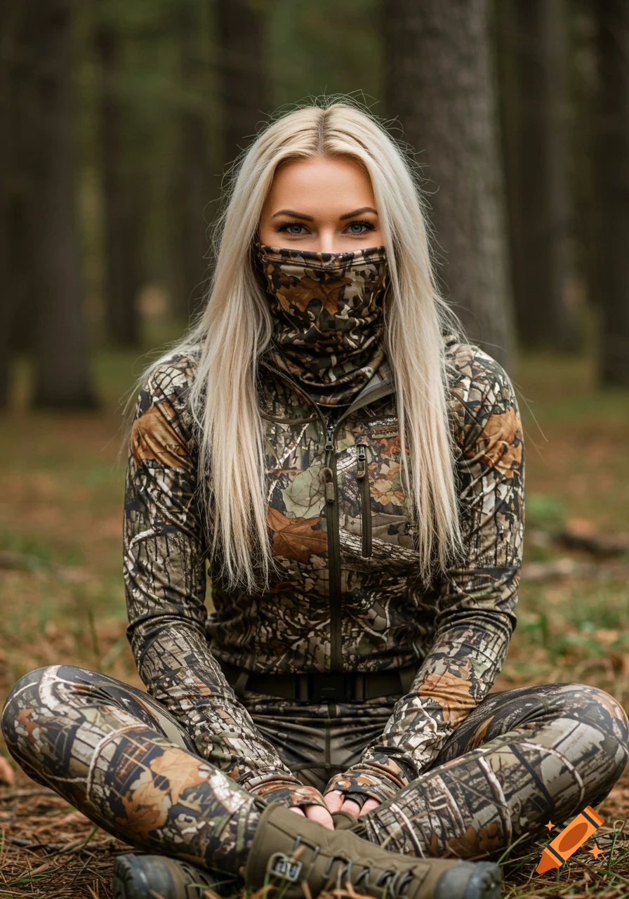 Blonde woman in camouflage hunting gear sitting in a forest.