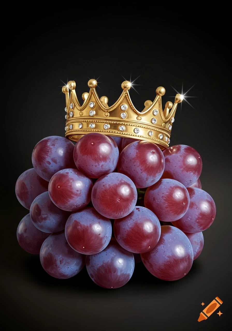 A bunch of purple grapes wears a golden princess crown on a black background.