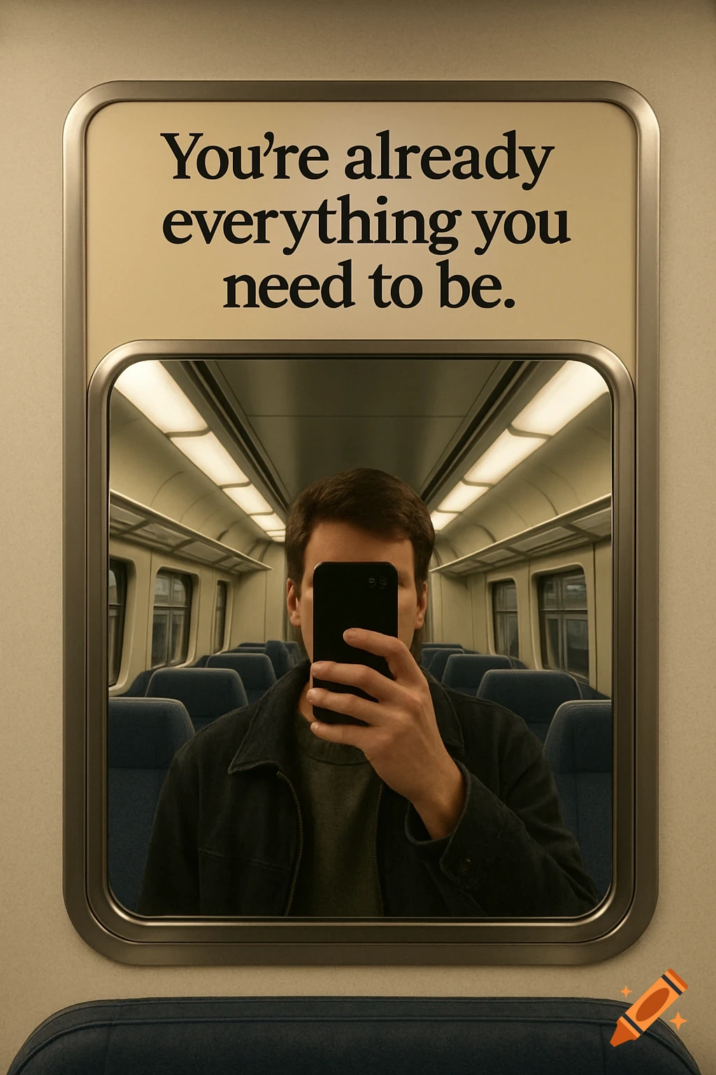Man taking a selfie in a train mirror with the text "You're already everything you need to be."