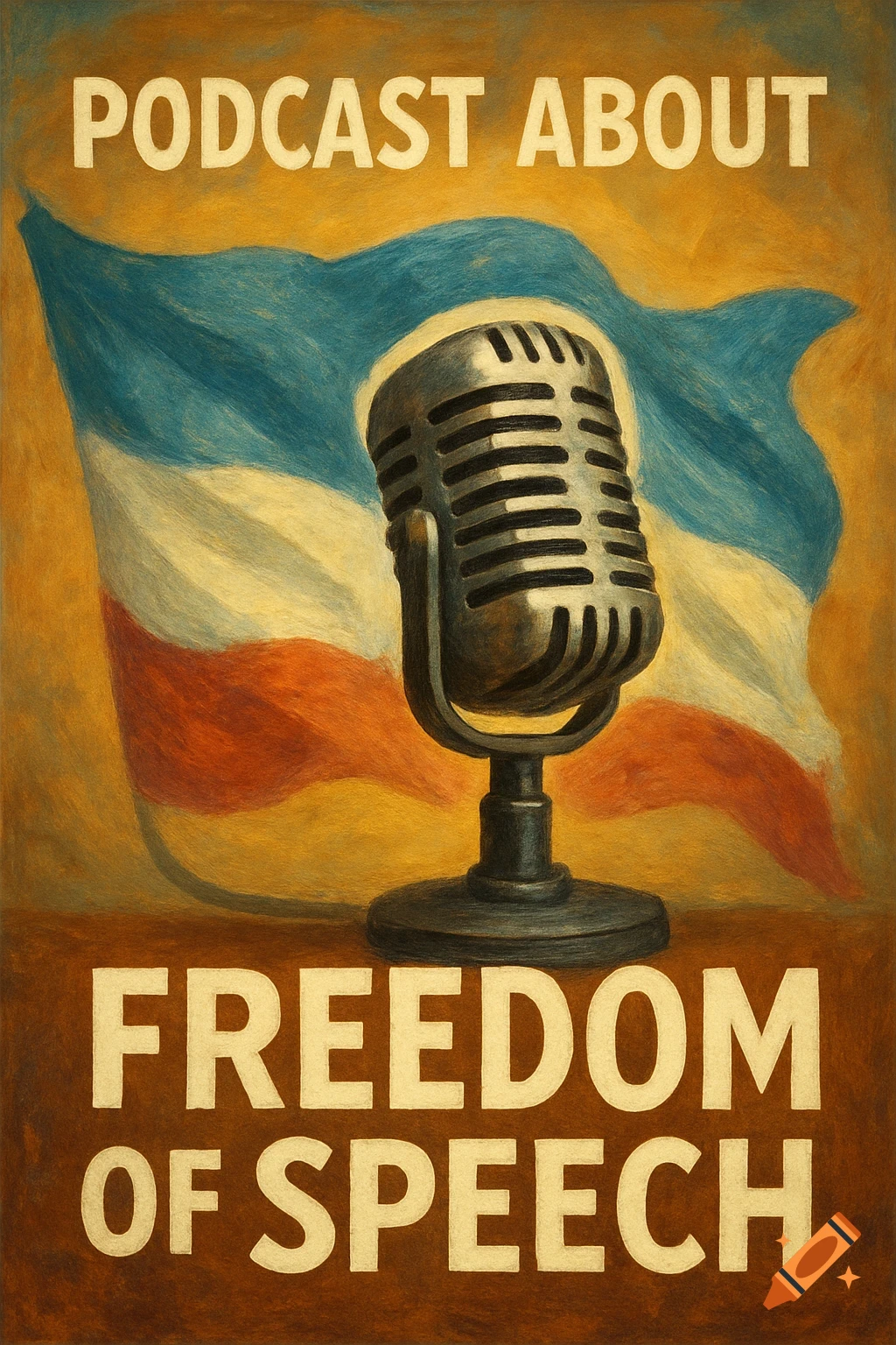 Painted style poster featuring a vintage microphone in front of a waving flag, with text saying "PODCAST ABOUT FREEDOM OF SPEECH".