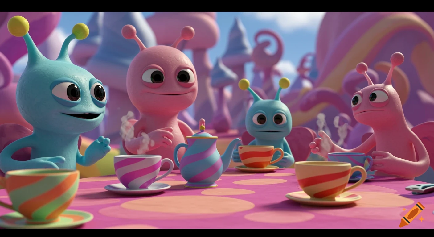 Four cute animated aliens have a tea party at a pink table in a colorful fantasy landscape.