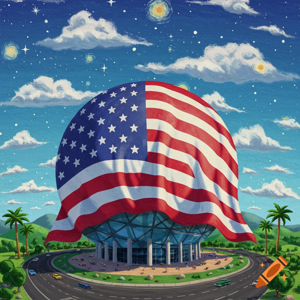 Giant American flag draped over a futuristic dome building in a whimsical landscape with cars and palm trees.
