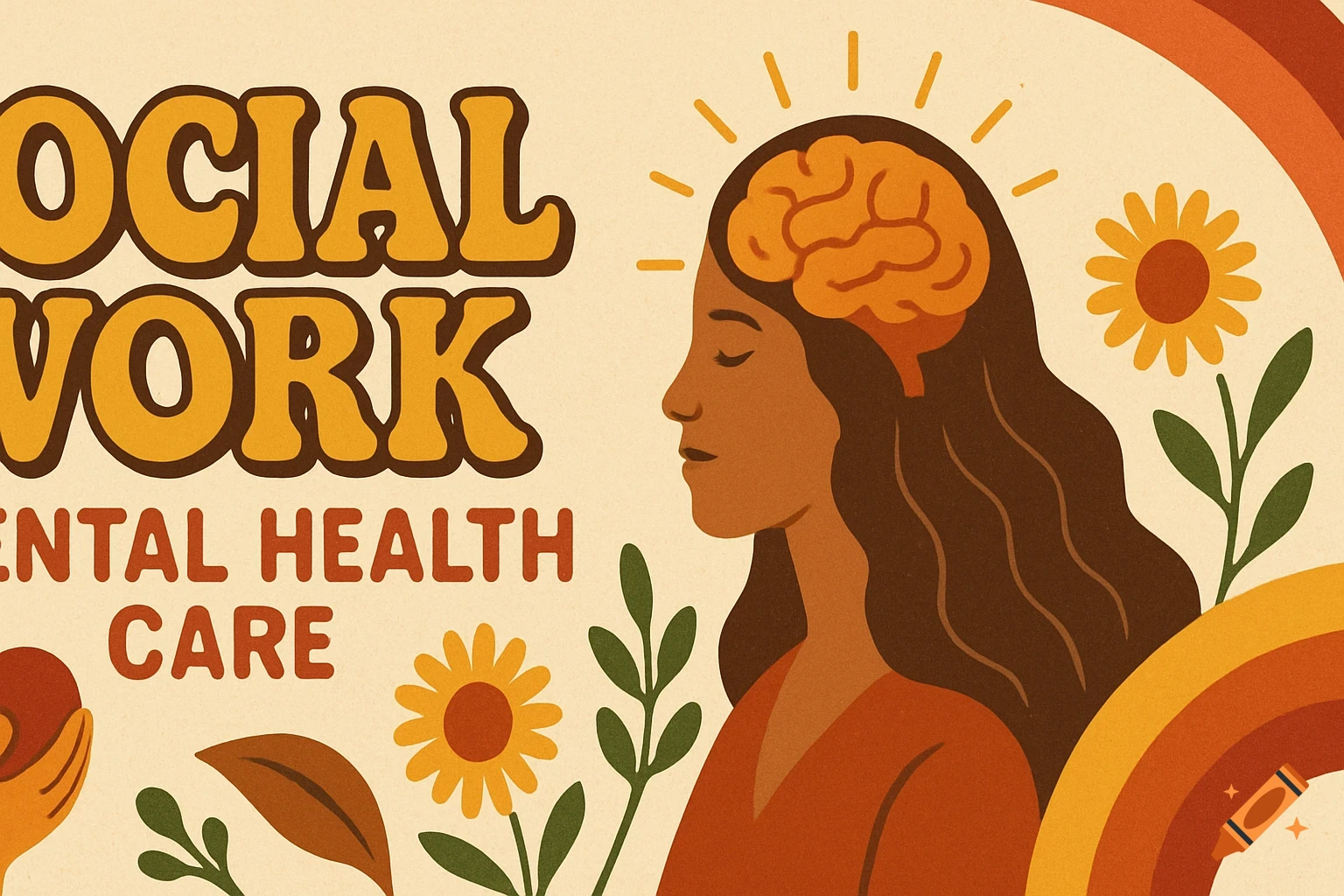 Retro illustration with text "SOCIAL WORK MENTAL HEALTH CARE", person, brain, flowers, rainbow