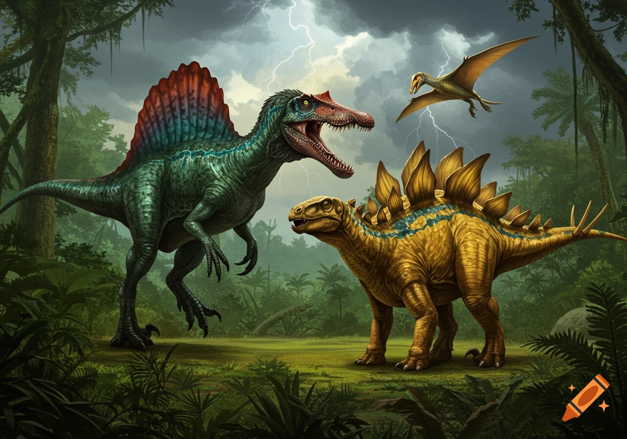 Two prehistoric dinosaurs face off in a jungle clearing during a lightning storm with a pterodactyl flying overhead.