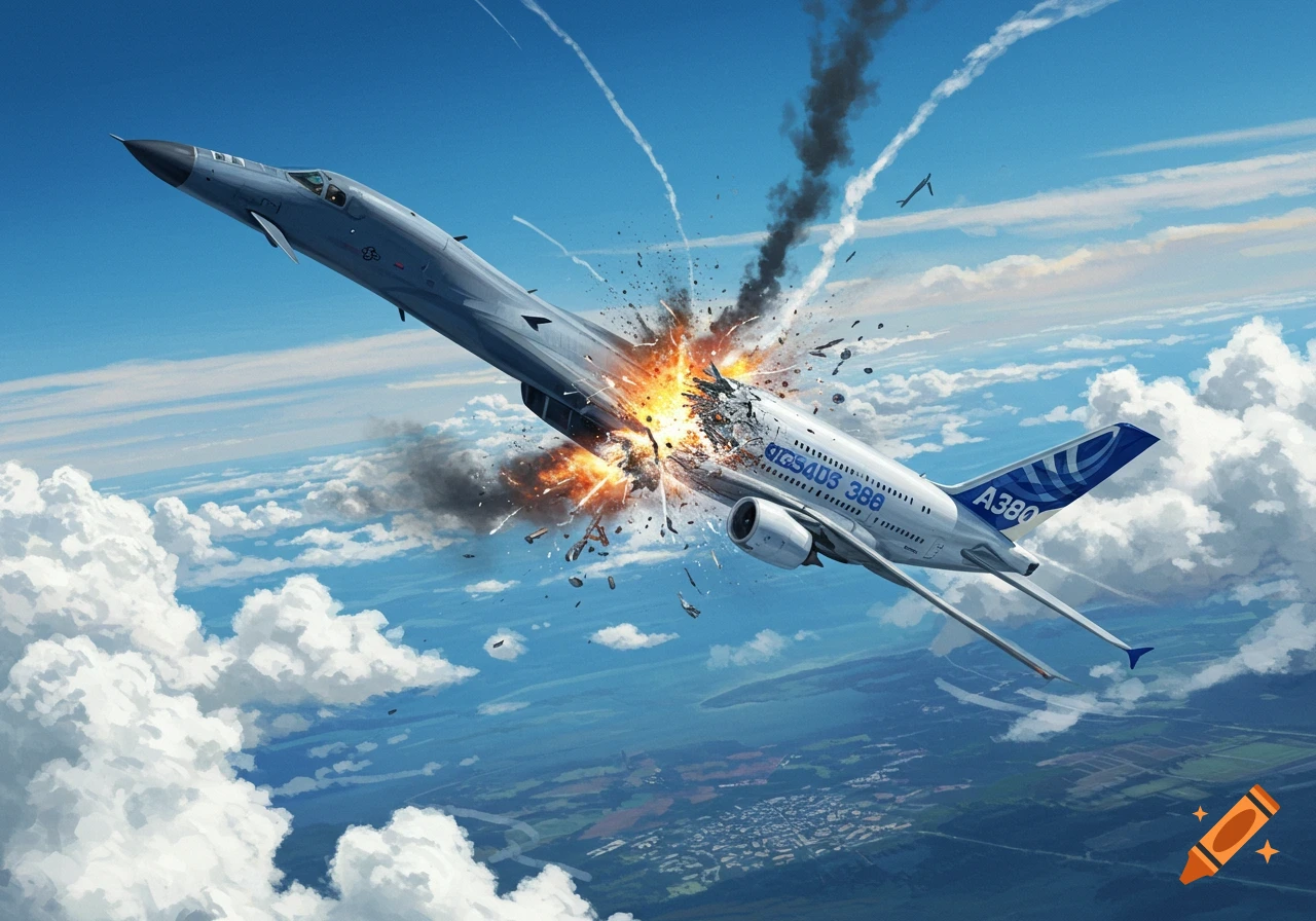A B-1 Lancer jet causes an explosion and crash of an A380 passenger plane mid-air.