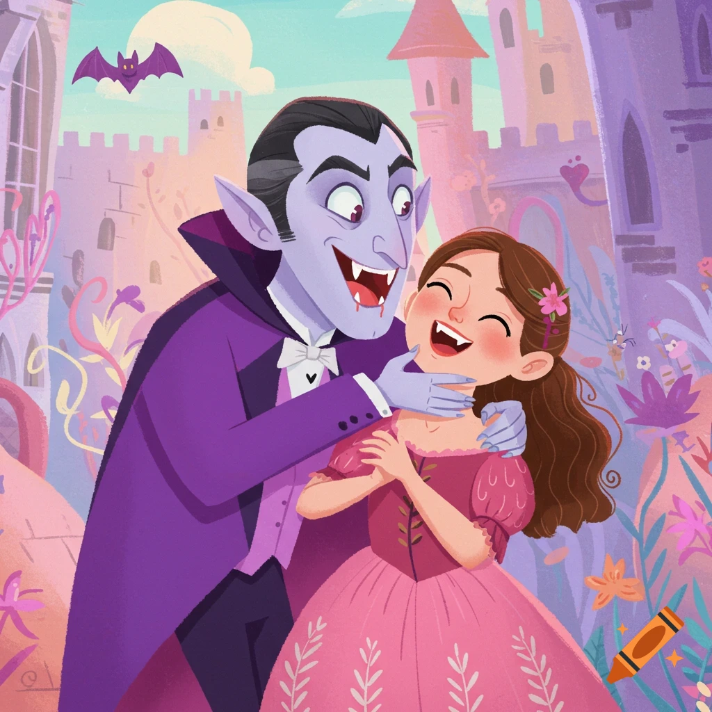 Light-hearted illustration of a cartoon vampire and a maiden in a castle garden.