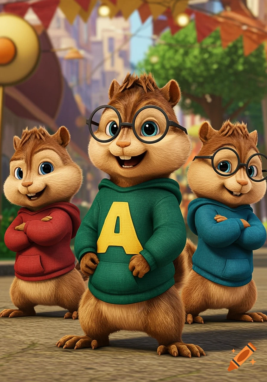 Three cartoon chipmunks in red, green with an A, and blue hoodies pose in a CGI style