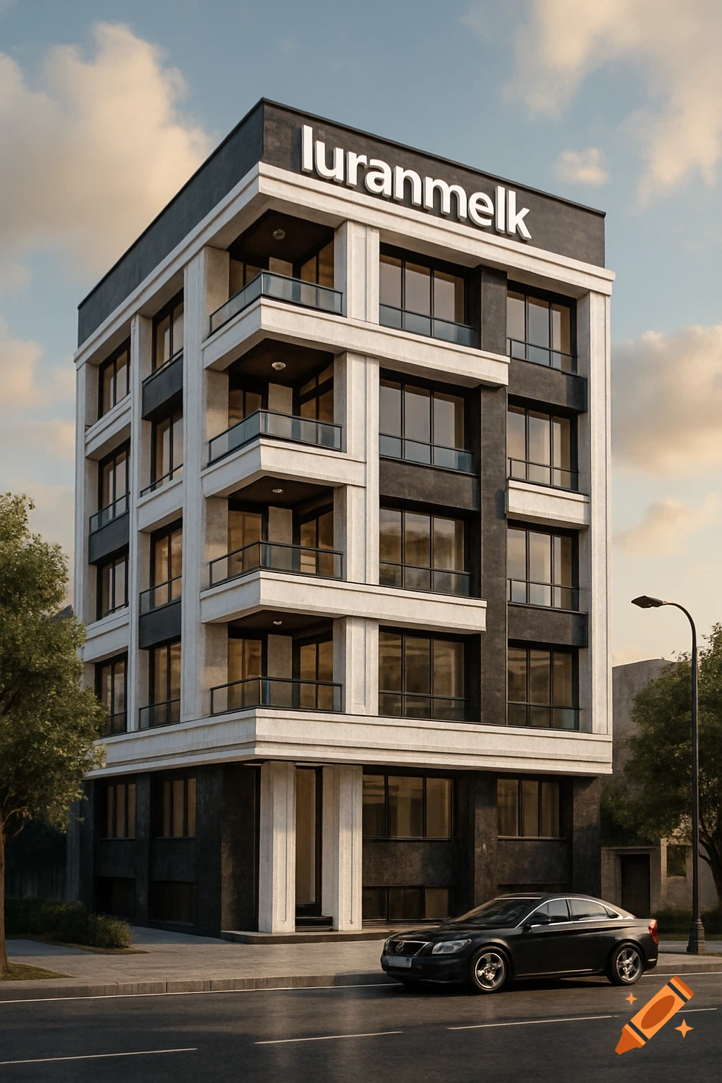 Modern five-story office building with white and black stone facade and text on top, car parked on the street.