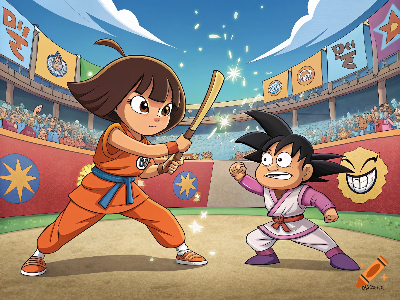 Cartoon of Dora the Explorer-like character fighting Goku-like character in an arena