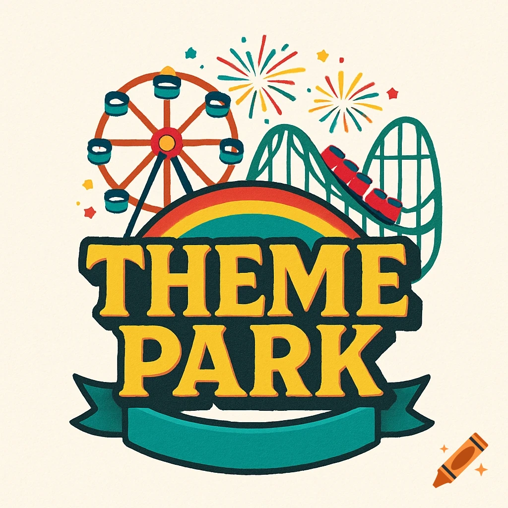 Theme park logo with a Ferris wheel, roller coaster, rainbow, and fireworks.